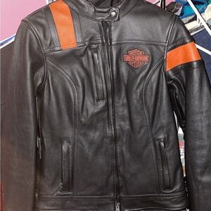 Harley-Davidson Black and Orange Leather Bomber Jacket